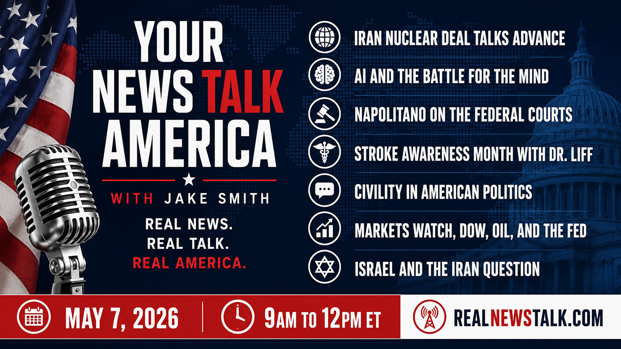 Your News Talk America with Jake Smith show card for May 7, 2026. Iran deal, AI, courts, markets, and Israel. 9AM to 12PM ET on RealNewsTalk.com.