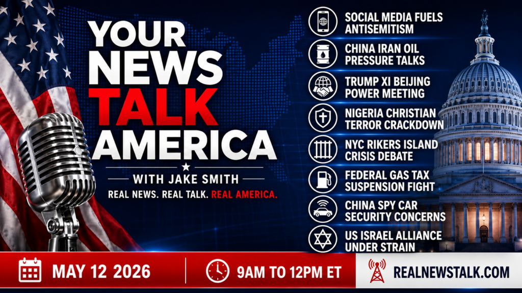 Your News Talk America with Jake Smith, May 12 2026 show card featuring Trump Beijing trip, federal gas tax suspension, and Rikers Island closure debate.