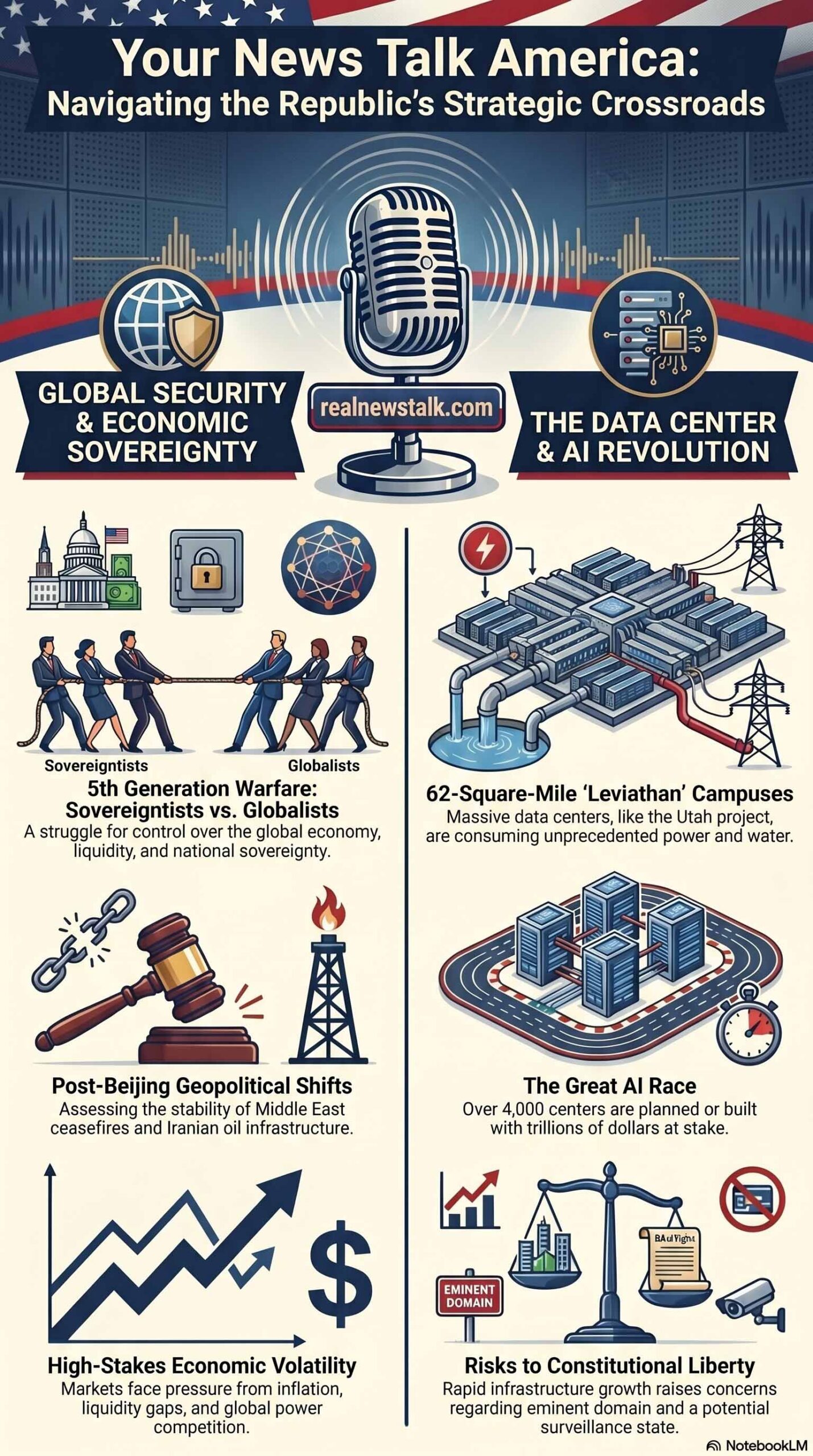 Vertical Graphic Your News Talk America May 19 2026 promo card. Guest host Gen. Blaine Holt covers post-Beijing Iran strategy, data center buildout, and the vulnerable economy.