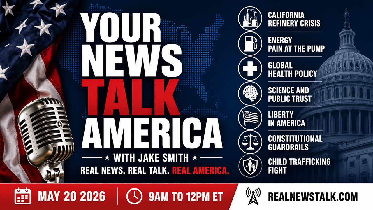 Your News Talk America show notes for May 20, 2026: California refinery collapse, US health policy, liberty in America, child trafficking.