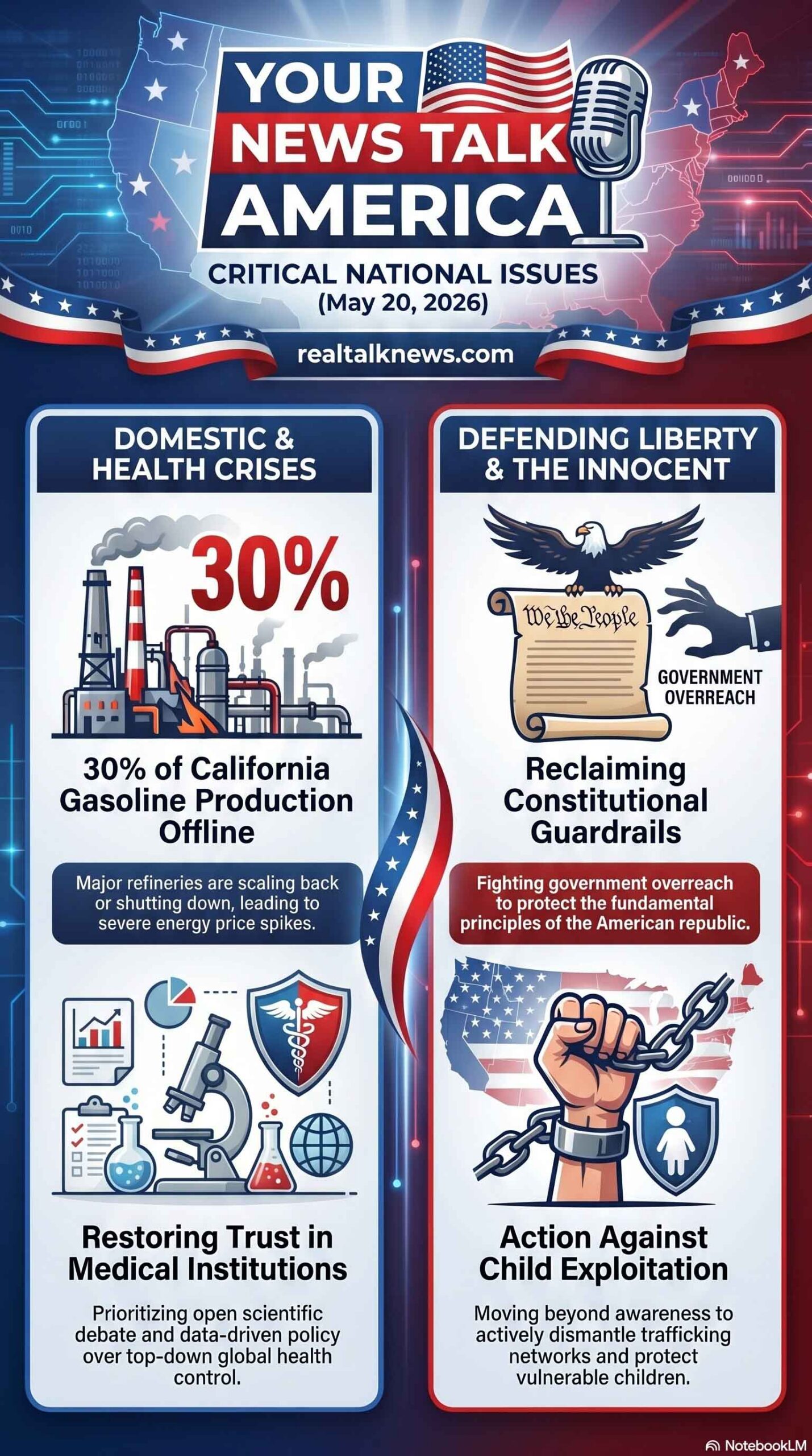 Your News Talk America show notes for May 20, 2026: California refinery collapse, US health policy, liberty in America, child trafficking. - Vertical Image