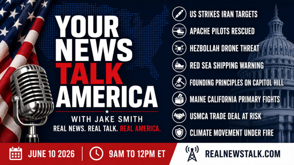 Your News Talk America June 10 2026 show card: US strikes on Iran, Maine and California primaries, USMCA trade deal at risk