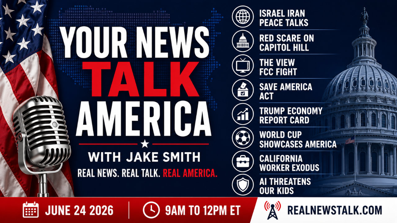 Your News Talk America show card, June 24 2026: Israel Iran talks, New York socialists, The View FCC fight.