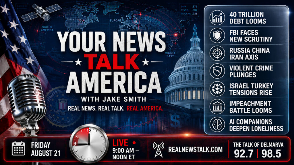 Your News Talk America August 21 2026 show card. FBI crime drop, Israel and Turkey red line, the $40 trillion deficit.