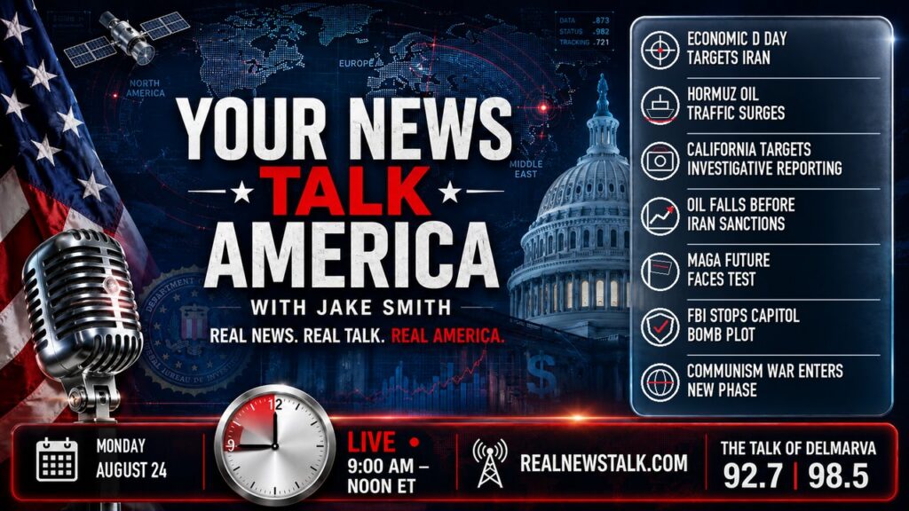 Your News Talk America August 24 2026 show card. Economic D Day sanctions on Iran, FBI foils ISIS Capitol plot, Newsom reporter law.