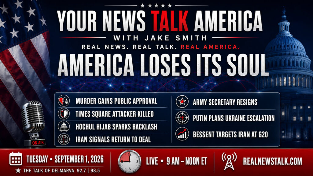 Your News Talk America September 1 2026 show card: Iran war escalation, Putin Ukraine offensive, NYC stabbing